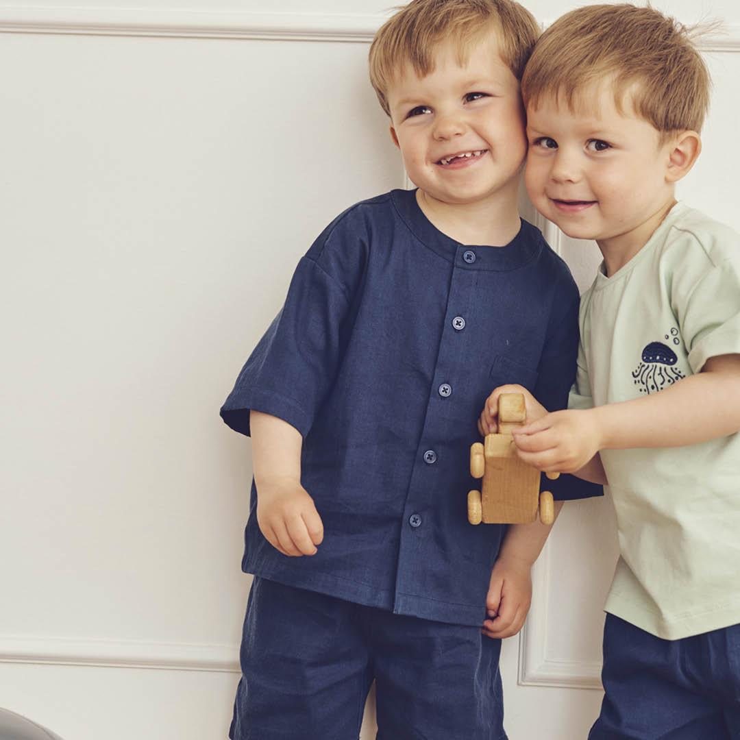 TWILL Skyrta stutterma með Kínakraga | Navy