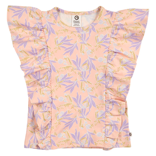 PEONY Toppur með pífum og blómamynstri | Peach