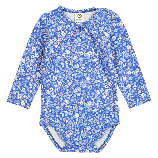 PRIMROSE Samfella með rykkingu og blómamynstri | Azure blue