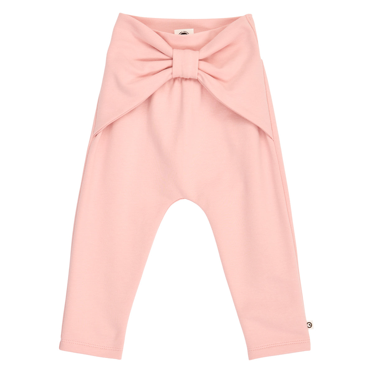 Cozy Me mjúkar buxur með slaufu fyrir ungabörn í litnum Fölbleikur - framhlið