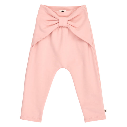 Cozy Me mjúkar buxur með slaufu fyrir ungabörn í litnum Fölbleikur - framhlið